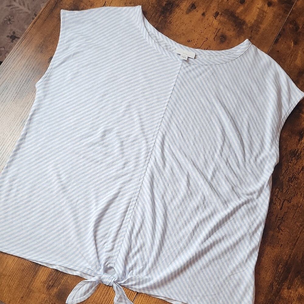 J. JILL | Cute Light Blue White Striped Cap Sleeve Linen Blend Waist Tie Top | M - Picture 12 of 12